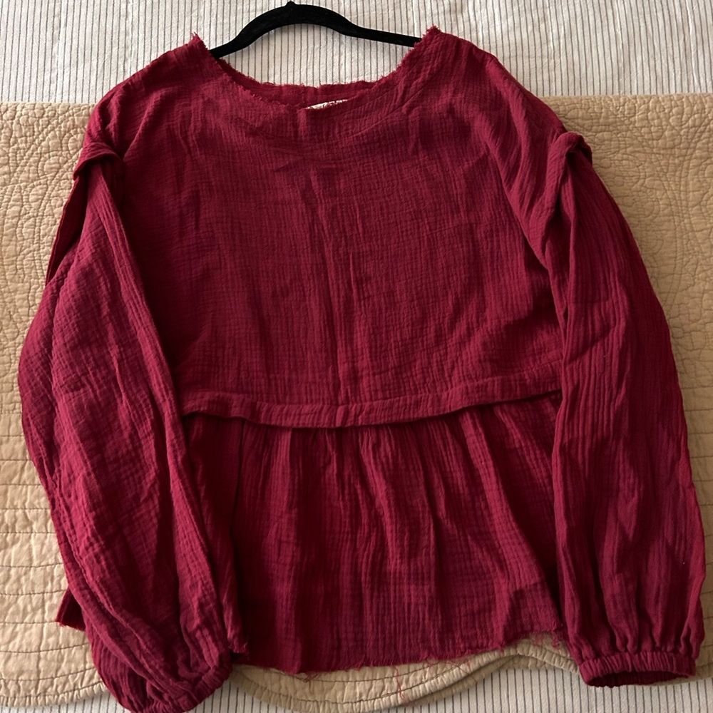 100% Cotton Deep Red Boxy Blouse with Puff Sleeves
